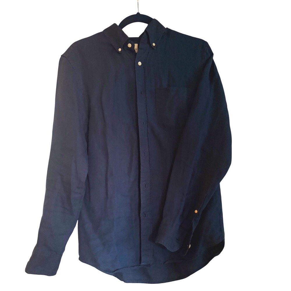 J Crew Mens Navy Blue Linen Blend Long Sleeve Button Down Shirt Large